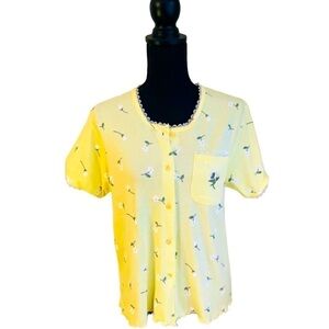 Jolie Yellow Flower Botton Front Short Sleeve Cardigan Sweater Top Size L